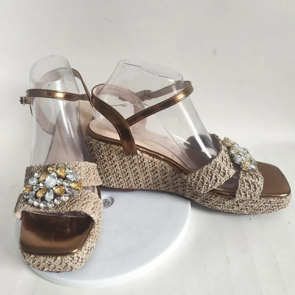 Azura European‎ Espadrille Platform Wedges Gold Rhinestones Sandals 9.5 - 10 /41